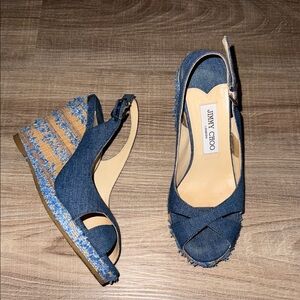 💙 💯 Jimmy Choo Denim Slingback Wedge Sandals Blue Raffia Size 38 💙